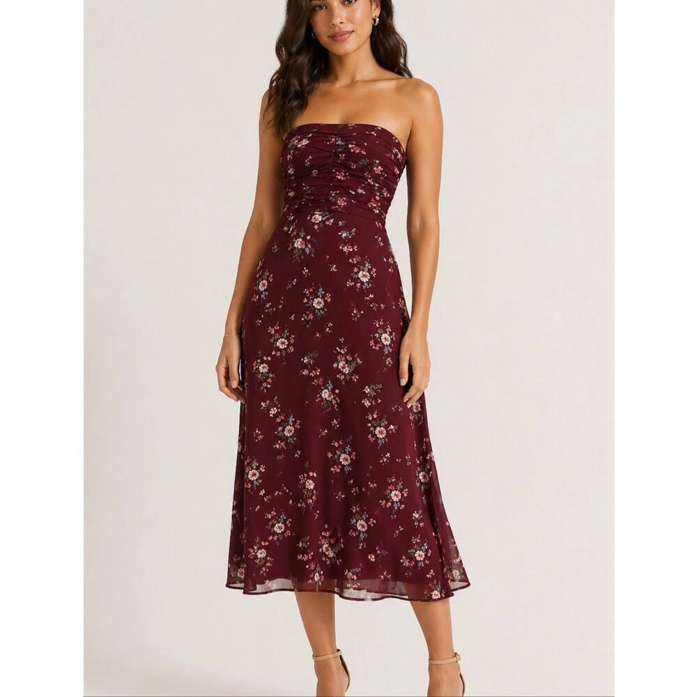 Reformation Strapless Burgundy Floral Midi Dress